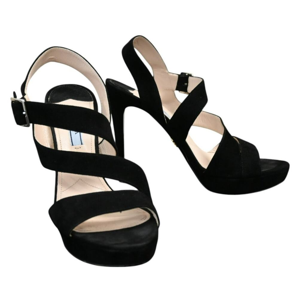 Prada Black Suede Strappy Platform High Heel Sandals Size 38.5 - Picture 1 of 12